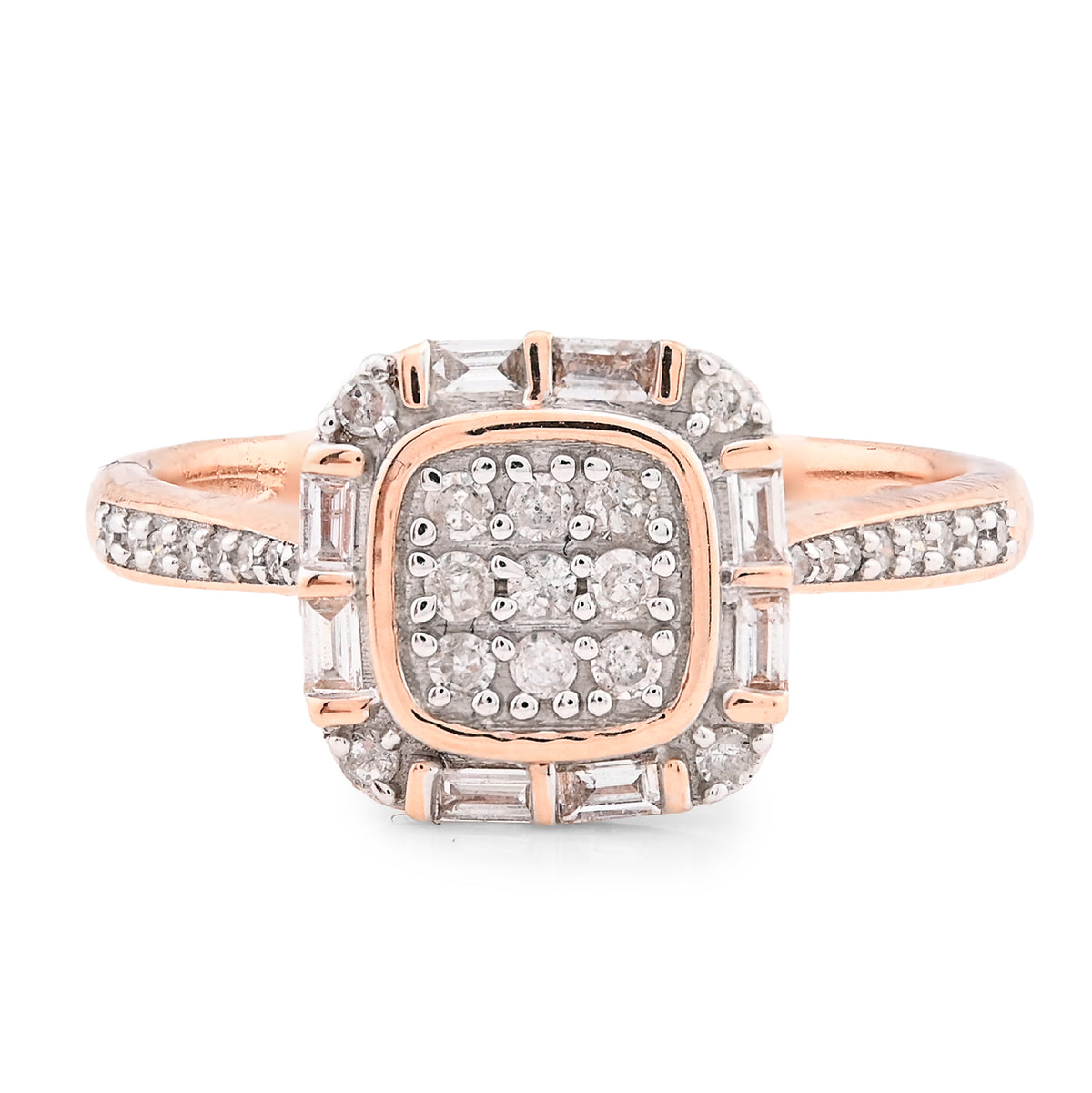 10K Rose Gold Women Square Natural Diamond 0.33CT Round/Baguette Ring — view 1