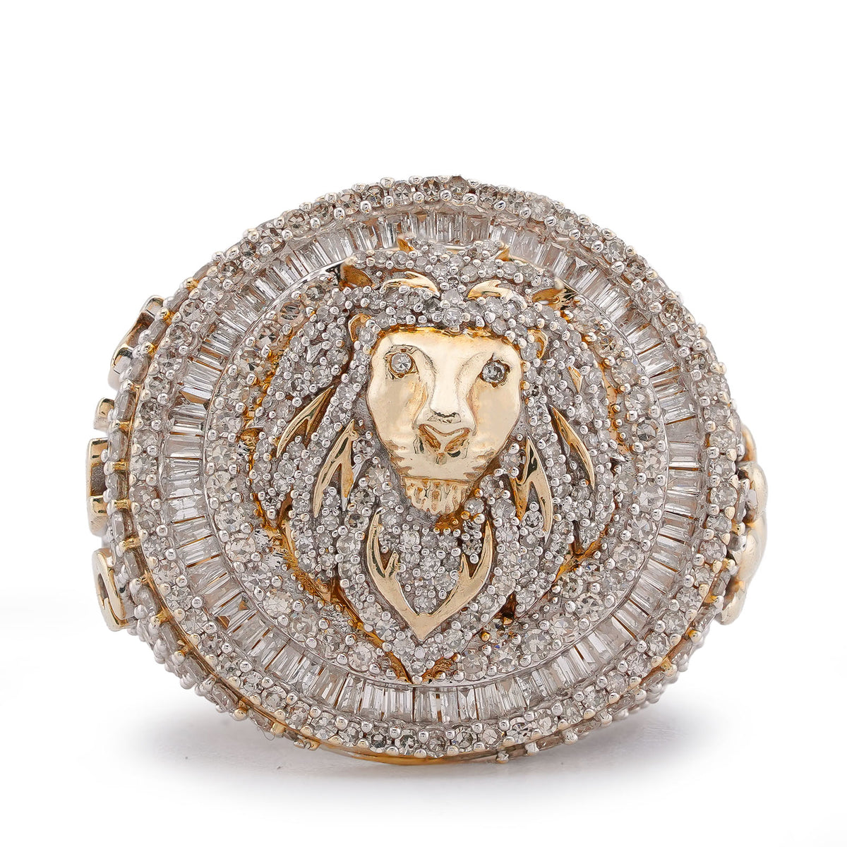 10K Yellow Gold 2.98CT Round/Baguette Natural Diamond Lion Head/Paws Round Shape Men Pinky Ring — view 1