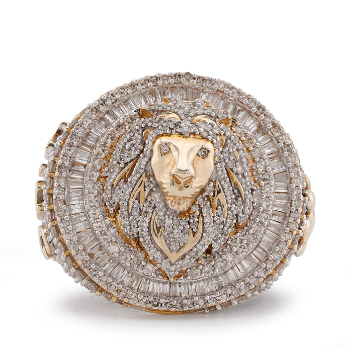 10K Yellow Gold 2.98CT Round/Baguette Natural Diamond Lion Head/Paws Round Shape Men Pinky Ring — view 1