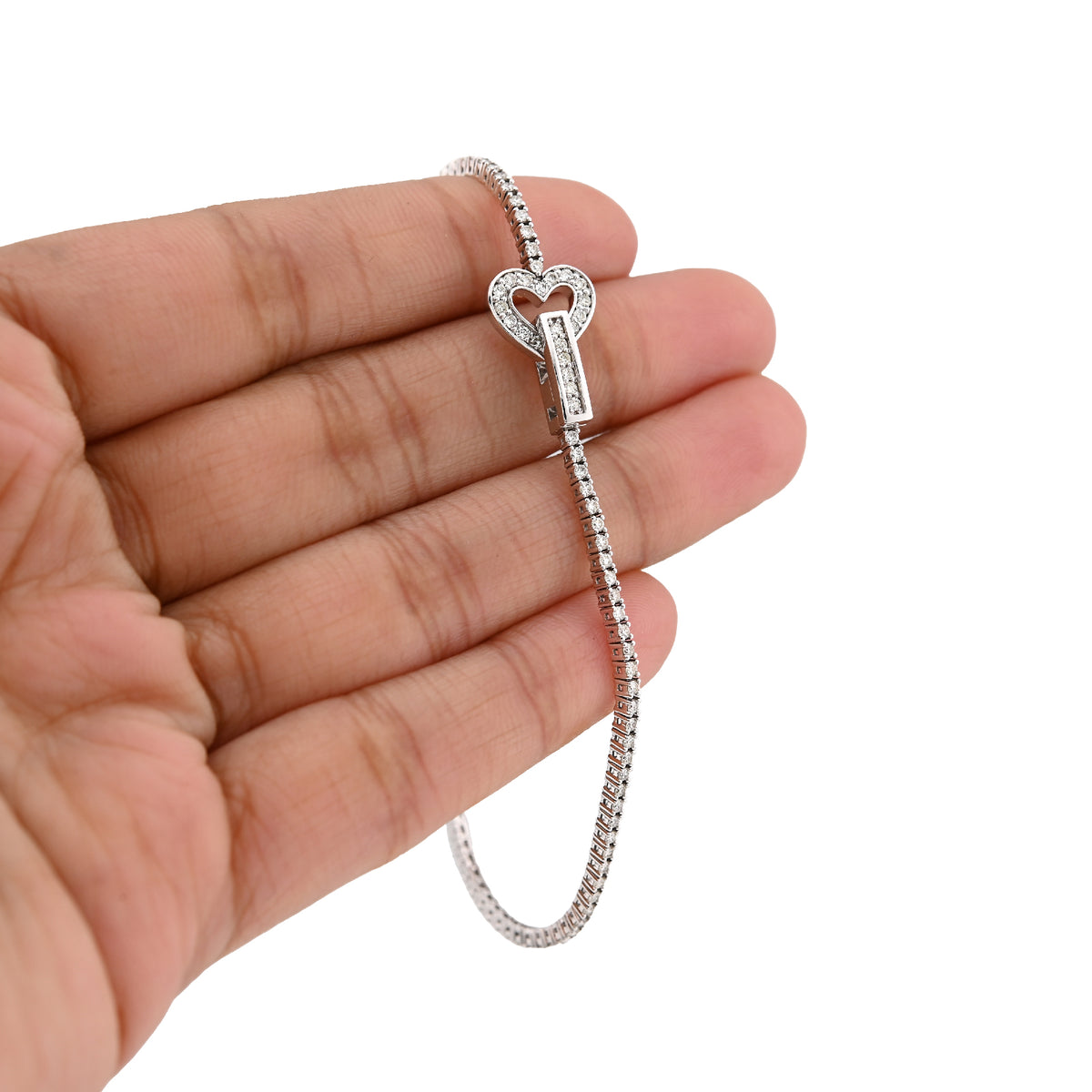 14K White Gold 1.25 CT Natural Diamond Heart Tennis Bracelet Women 7"  — view 1
