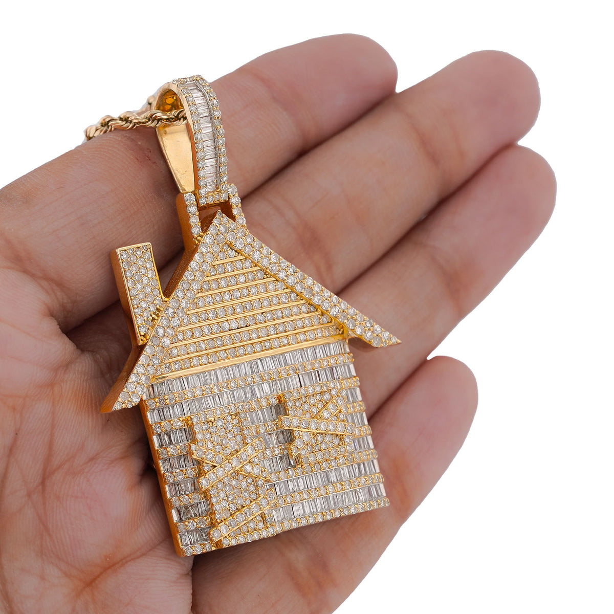 10K Yellow Gold Trap House Round/Baguette 9CT Natural Diamond Charm Pendant — view 4