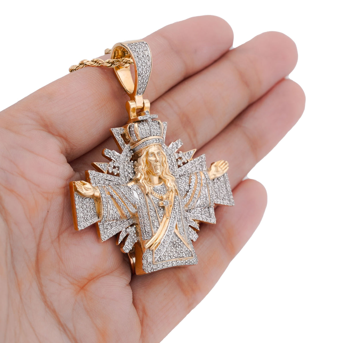 10K Yellow Gold Cross Jesus 2.5CT Natural Diamond Charm Men Women Pendant — view 9