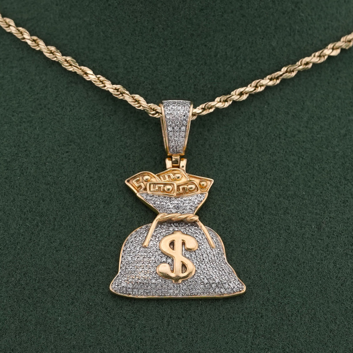 10K Yellow Gold Money Bag "$" Natural Diamond 1.5CT Men Women Charm Pendant — view 4