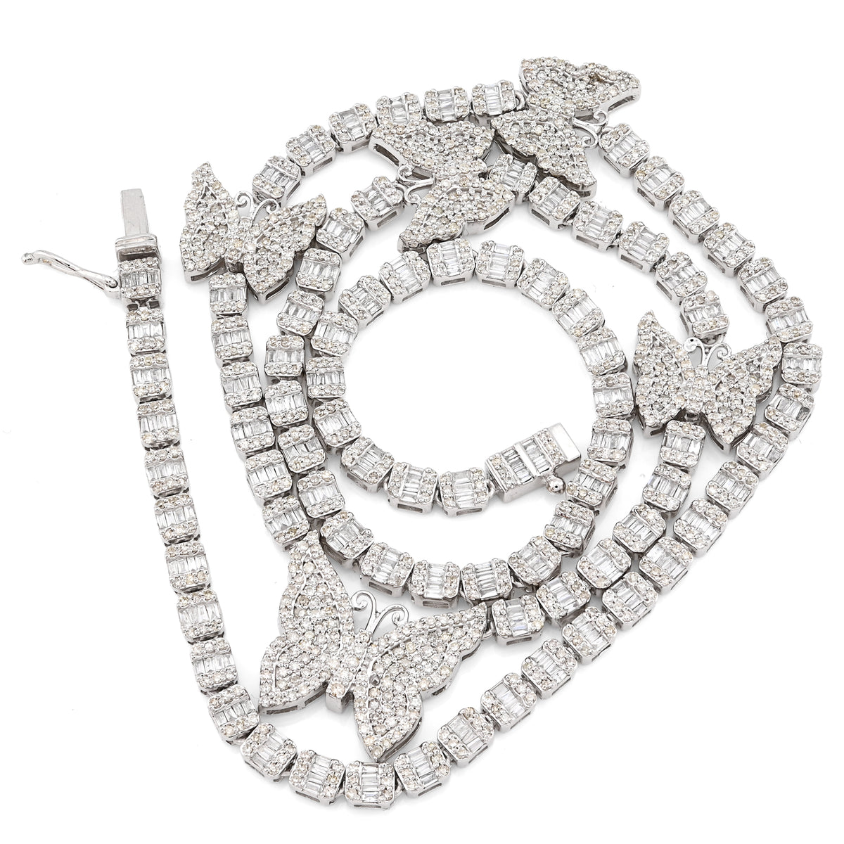 10K White Gold 5.48 CT Round & baguette Natural Diamond Butterfly Tennis Chain 18" Women Necklace 26.5 g — view 7