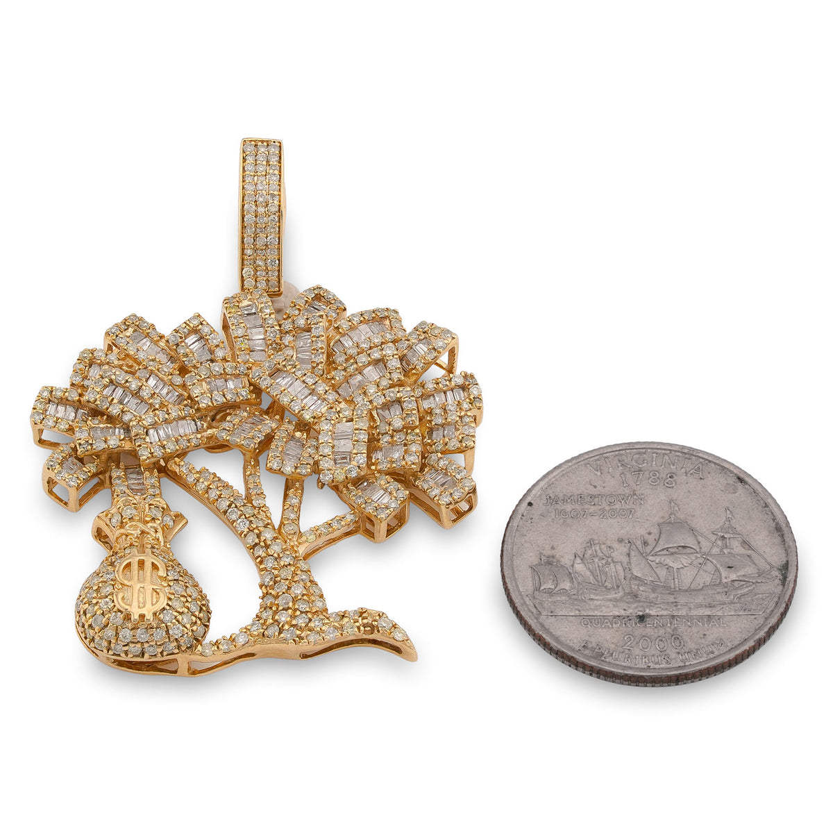 10K Yellow Gold Money Tree/ Money Bag Charm 3CT Round/Baguette Natural Diamond Charm — view 5