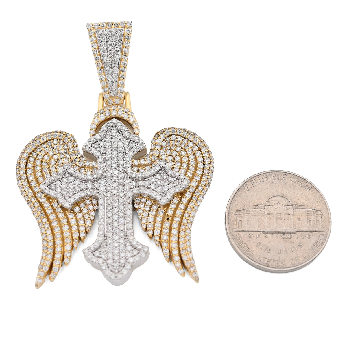 10K Yellow & WHite Gold 2 Tone 4.3CT Natural Diamond 3D angelic wing Cross 2.25" Men Women Charm — view 3