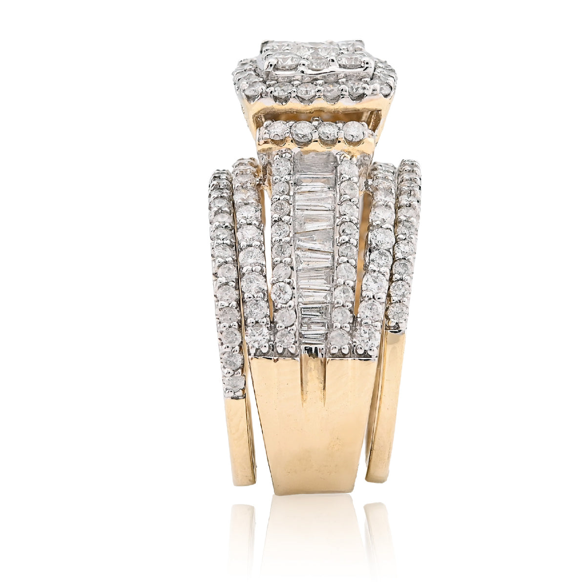 14K yellow Gold Round/Baguette 2.10CT Natural Diamond 3 band Square centre Women Wedding Ring Band — view 8