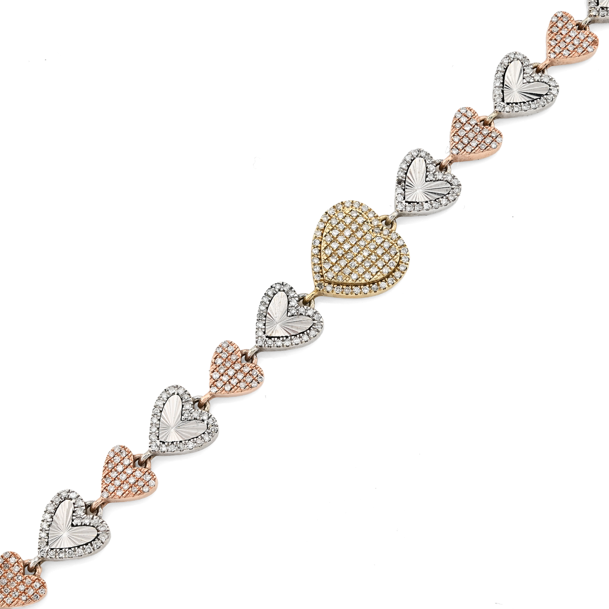 10K Yellow, White & Rose Gold 3 Tone 2CT Natural Diamond Heart Bracelet — view 2