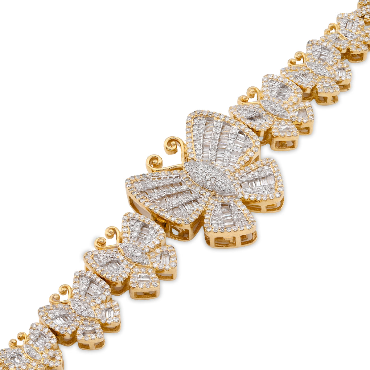 10K Yellow gold 3.45CT Natural Diamond Baguette/Round Butterfly and Cuban Link Bracelet Women 7" — view 3