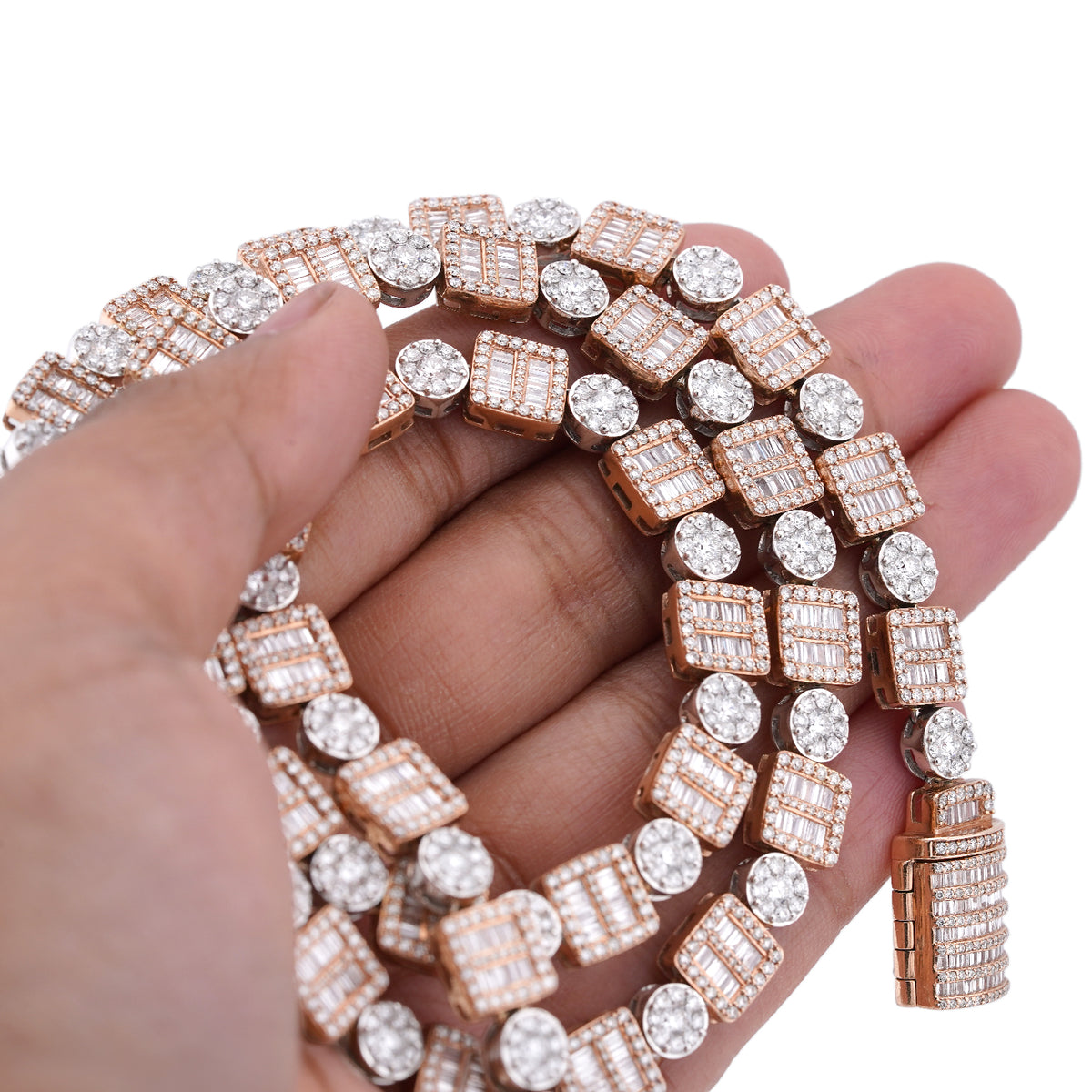 10K Rose/White Gold Square Round Link Natural Round/Baguette Diamond Men Women Tennis Chain — view 3