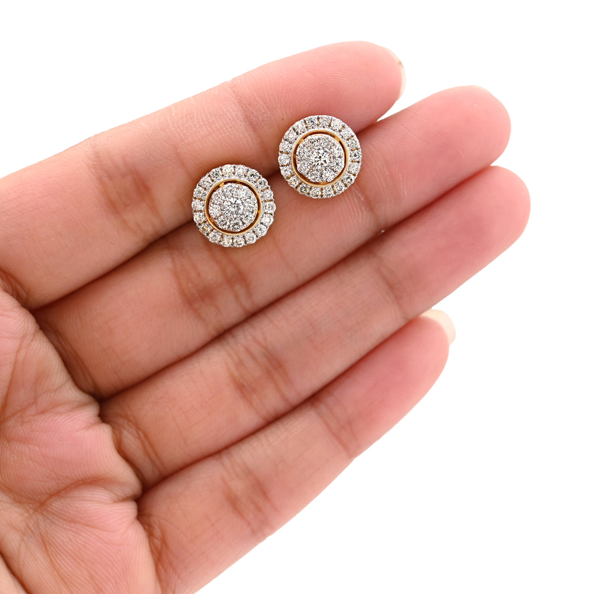 14K Yellow Gold 1.25CT Natural Diamond Round Cluster Halo Shape Men Women Earrings — view 5