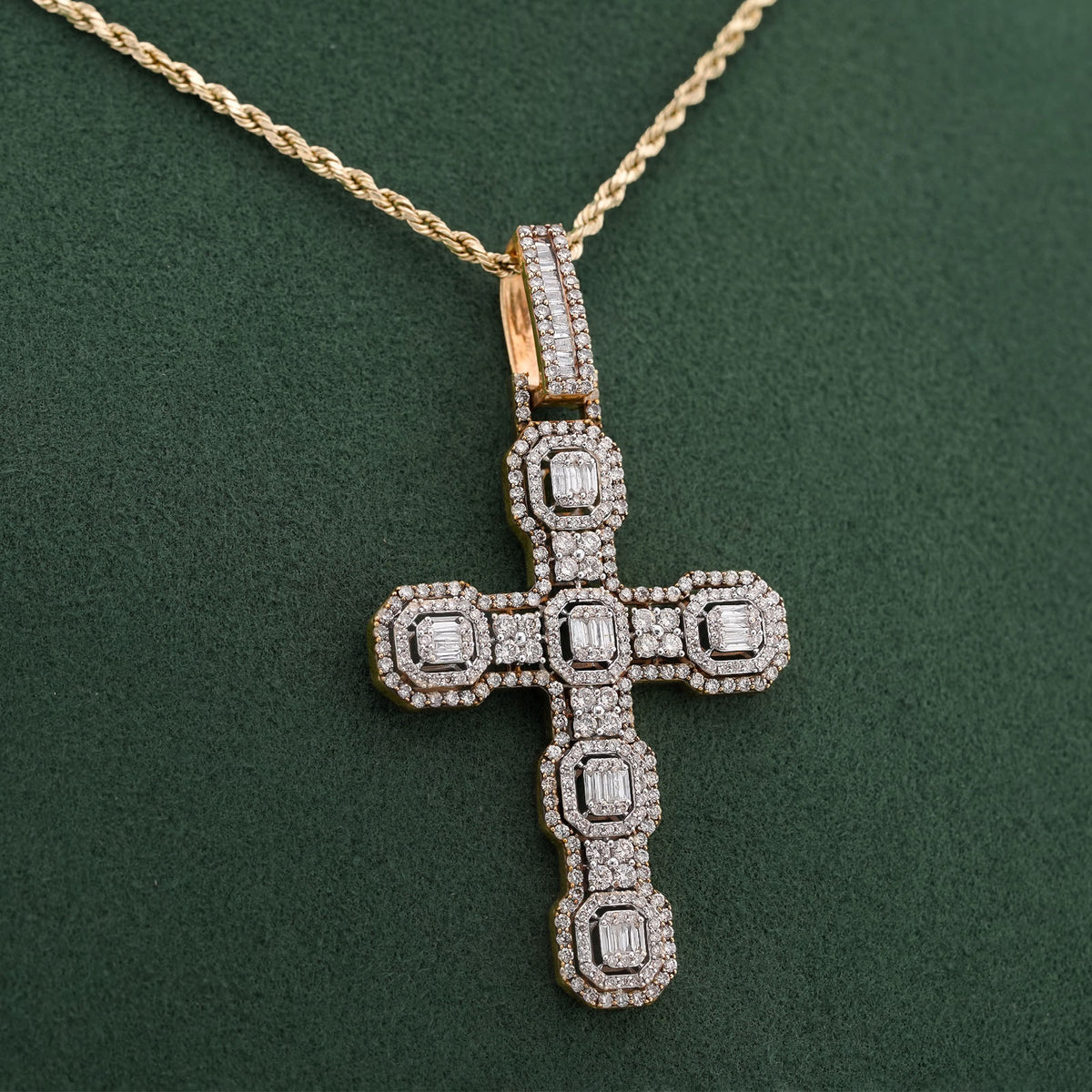 10K Yellow Gold 6.75CT Block Cross Pendant Round/Baguette Natural Diamond Charm — view 5