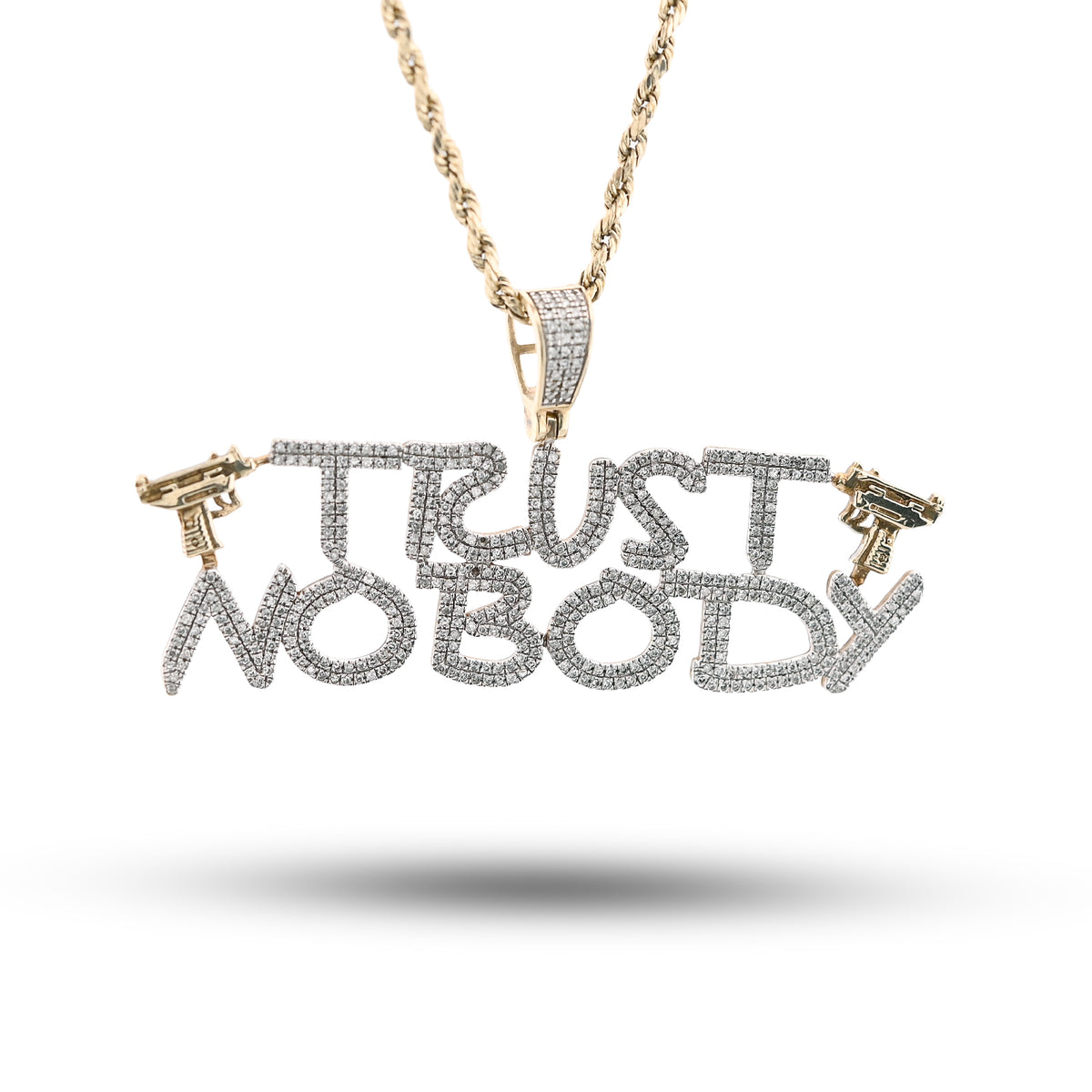 10K Yellow Gold 1.10Ct Natural Diamond "Trust Nobody" Gun Men Pendant Women 2.5" Charm — view 1