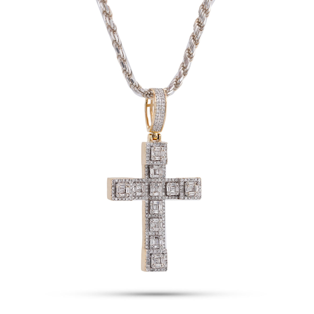 10K Yellow Gold 3CT Natural Diamond Baguette Cross Pendant Men Women Charm — view 2