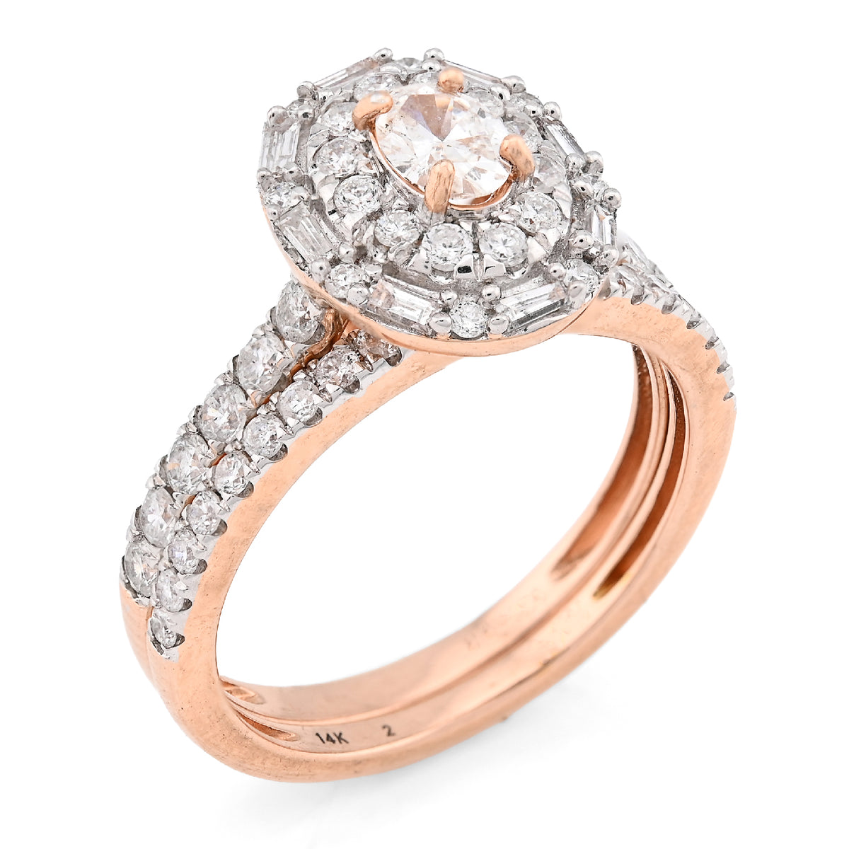 14K Rose Gold Oval Solitaire & Baguette 1.25CT Natural Diamond Bridal WOmen RIng — view 7