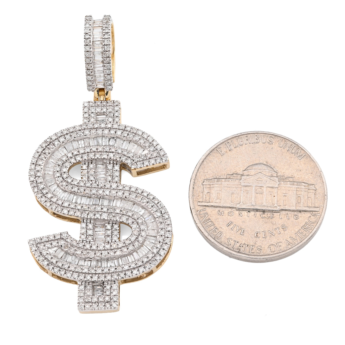 10K yellow Gold 1.40 CT Natural Diamond "$" Sign Charm Men 48.5 MM Pendant 7g — view 8