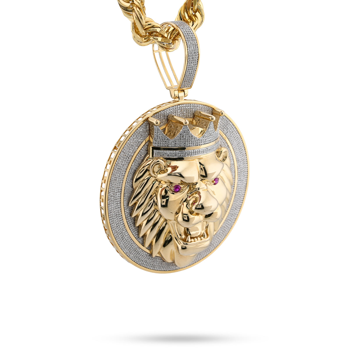 10K Yellow Gold 3 CT natural Diamond Lion Face Crown Round Shape 89.2 MM Pendant Men Charm 43.6 g — view 2
