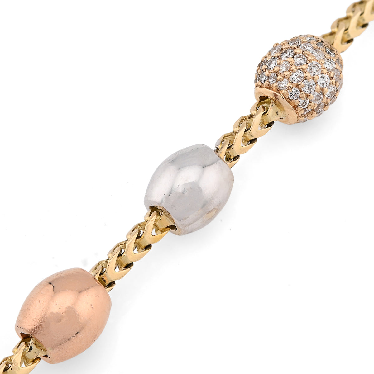 14K White/Yellow/Rose Gold 2.27CT Natural Diamond Round Bead Franco Link 41.4g Bracelet  — view 3