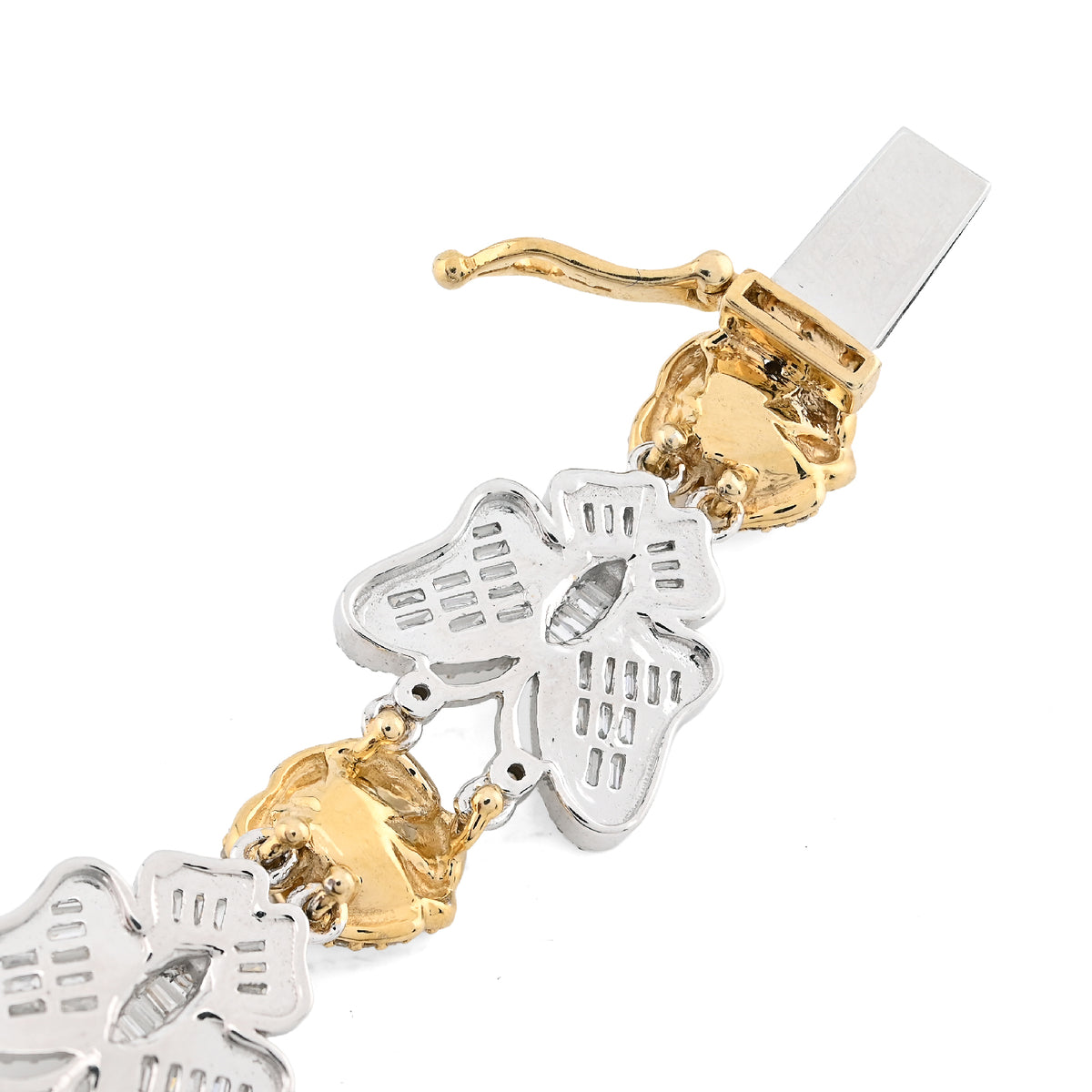 10K Yellow/White Gold 2.6CT Natural Diamond Baguette/Round Butterfly & Flower Link Women 7" Bracelet 26.7g — view 8
