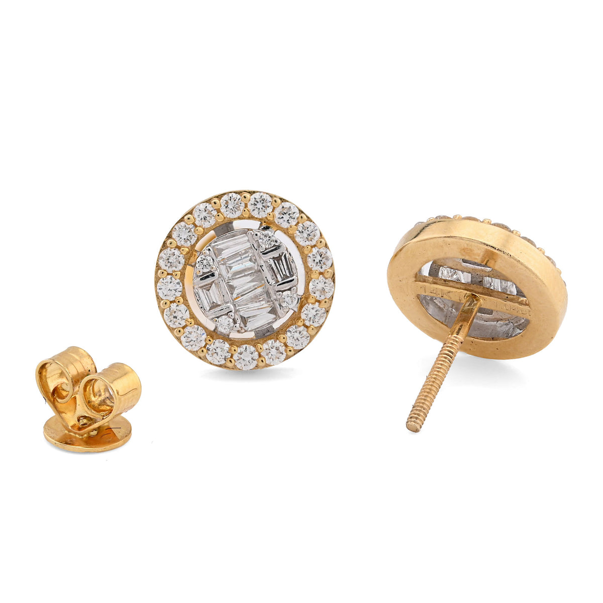 10K Yellow Gold 1.03CT Round/Baguette Natural Diamond Cluster Round Shape Earrings Men Women Studs — view 4