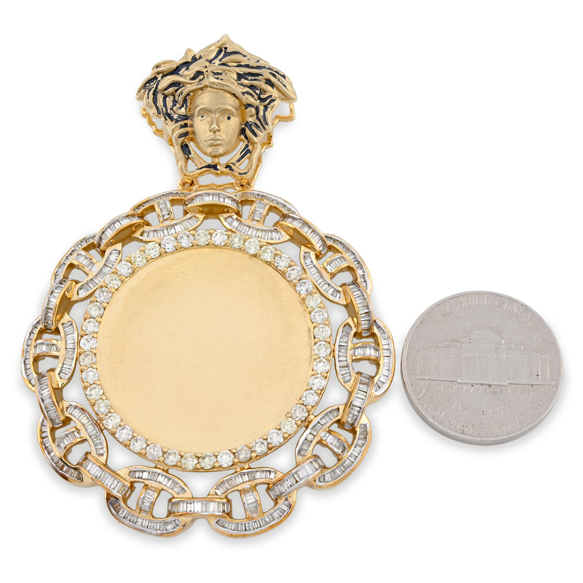 10K Yellow Gold Baguette Cuban Link Medusa 4.18CT Natural Diamond Memory Picture Pendant Men Women Charm — view 5
