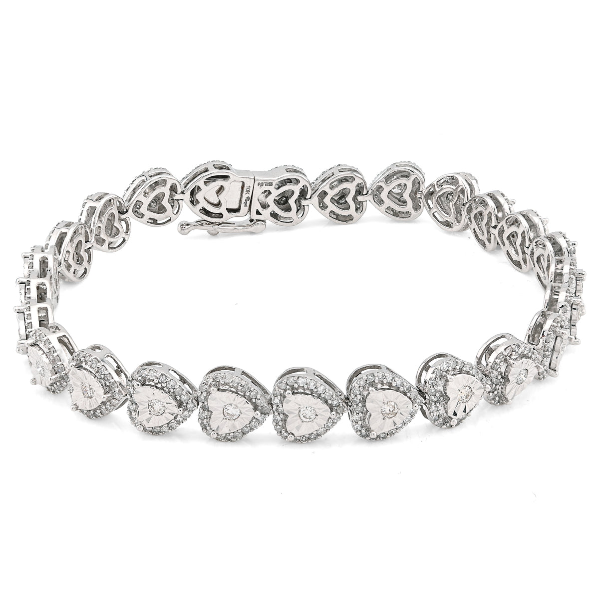 10K White Gold 7MM Natural Diamond 2.1CT Women Tennis Heart Bracelet 7" 13.6g — view 7