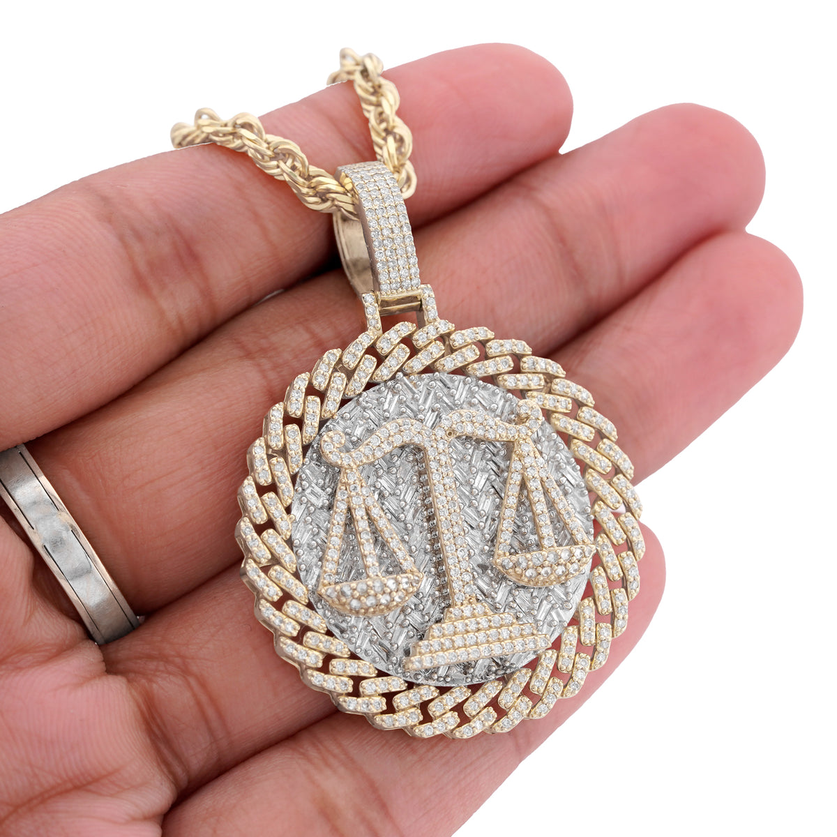 Libra Scale Cuban Link Edge Charm Baguette/Pointer 1.9ct Natural Diamond 10K Gold Men Women Pendant