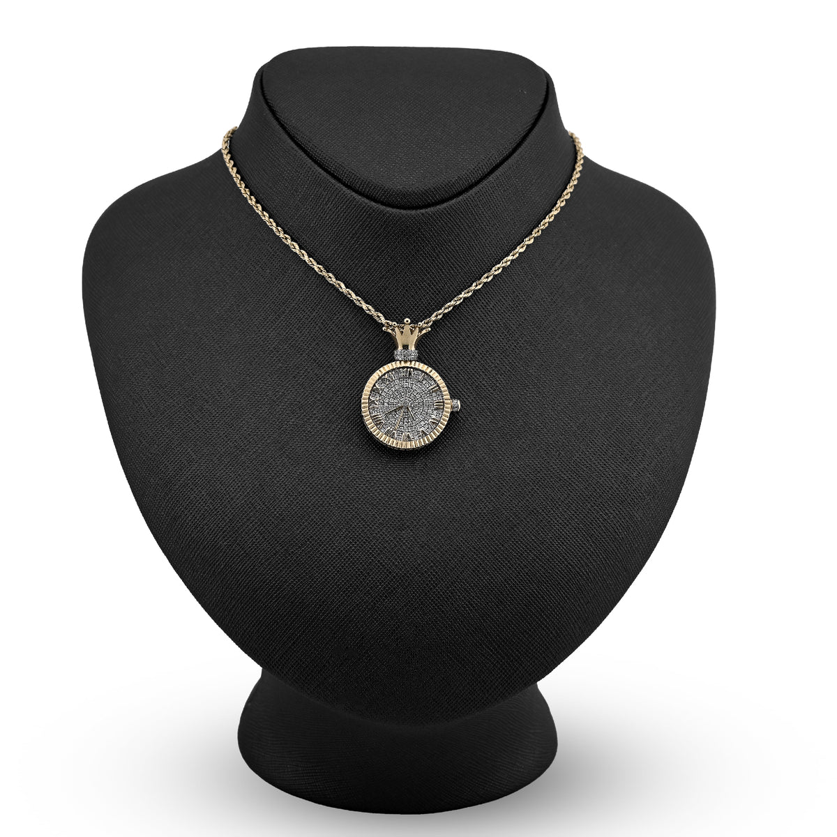 10K Yellow Gold 1Ct Natural Diamond 1Ct Clock Roman Dial Crown Pendant Men Women Charm — view 3