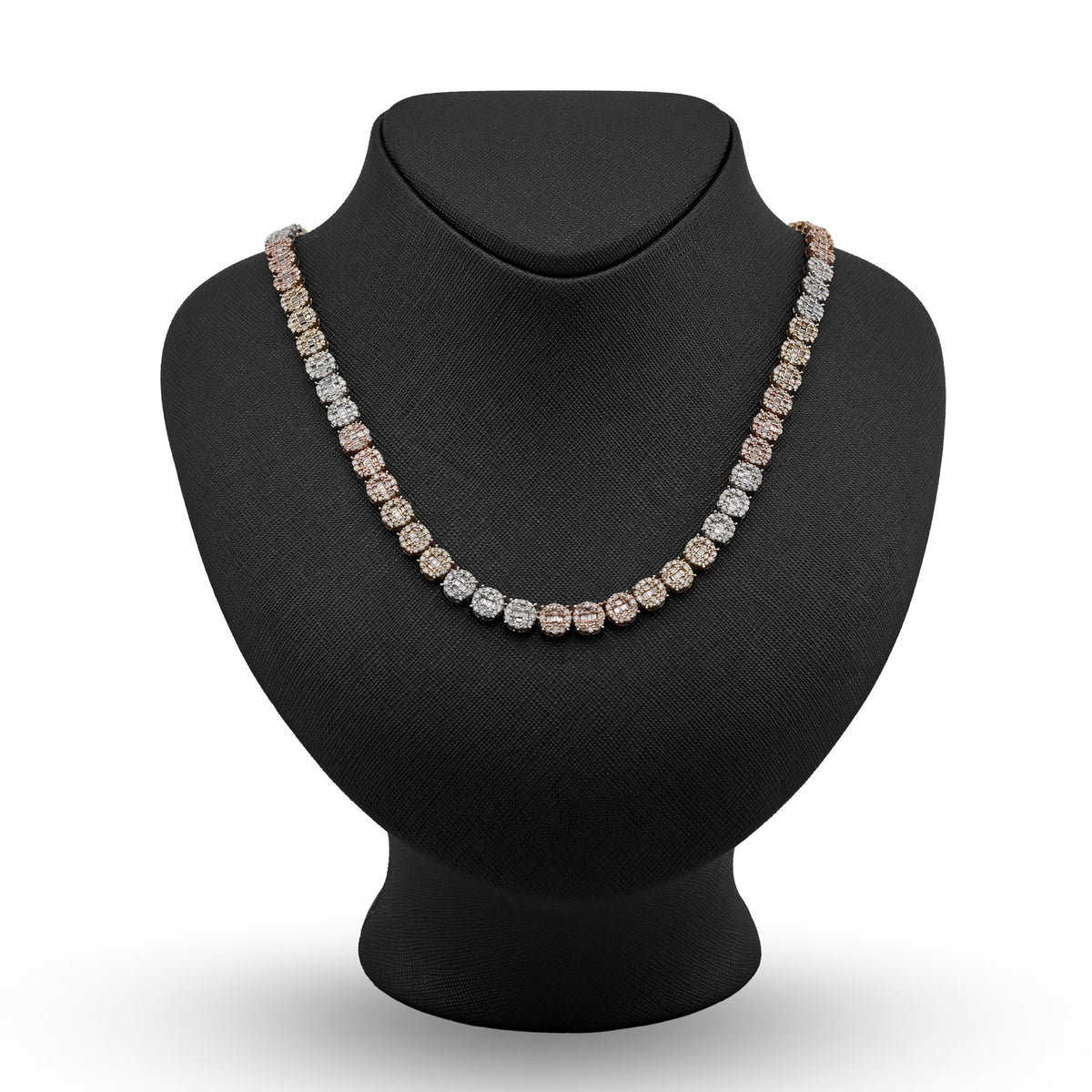 10K Yellow, White & Rose Gold 18.95 CT natural Diamond Round/Baguette 3 Tone Round Shape Tennis Chain — view 1