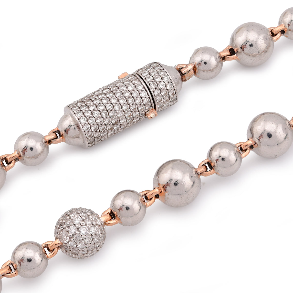 Bead Ball Chain Two Tone Rose/White 8CT Lab Diamond 925 Silver 8.5MM 20" Necklace — view 2