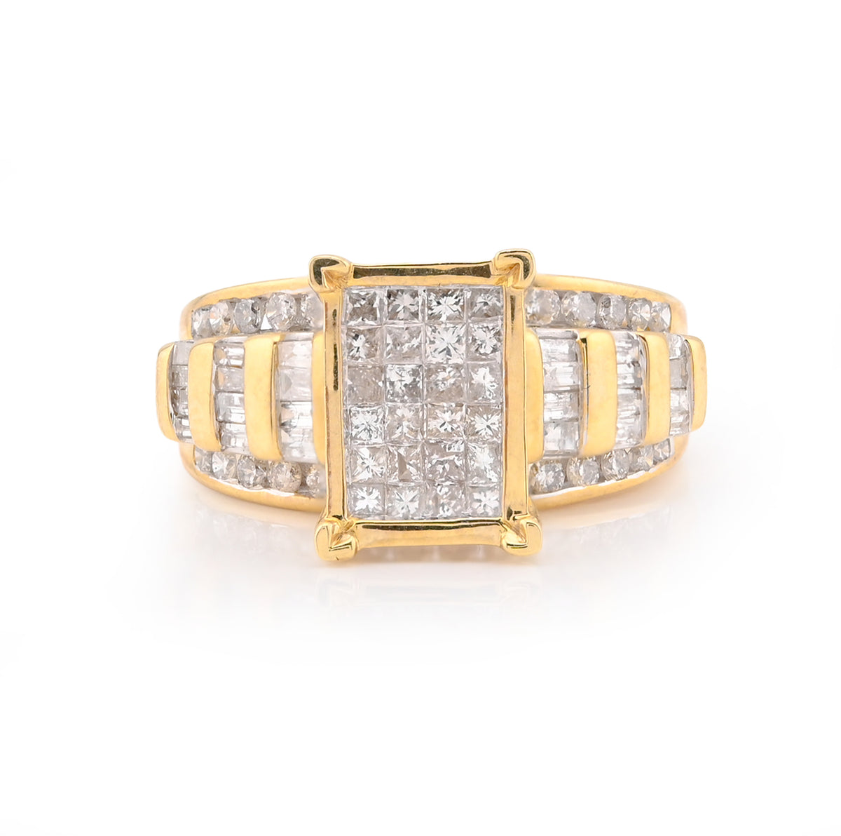 10K Yellow Gold 1.50CT Natural Diamond Rectangular Centre Round/Princess cut/Baguette Women Wedding Ring — view 1