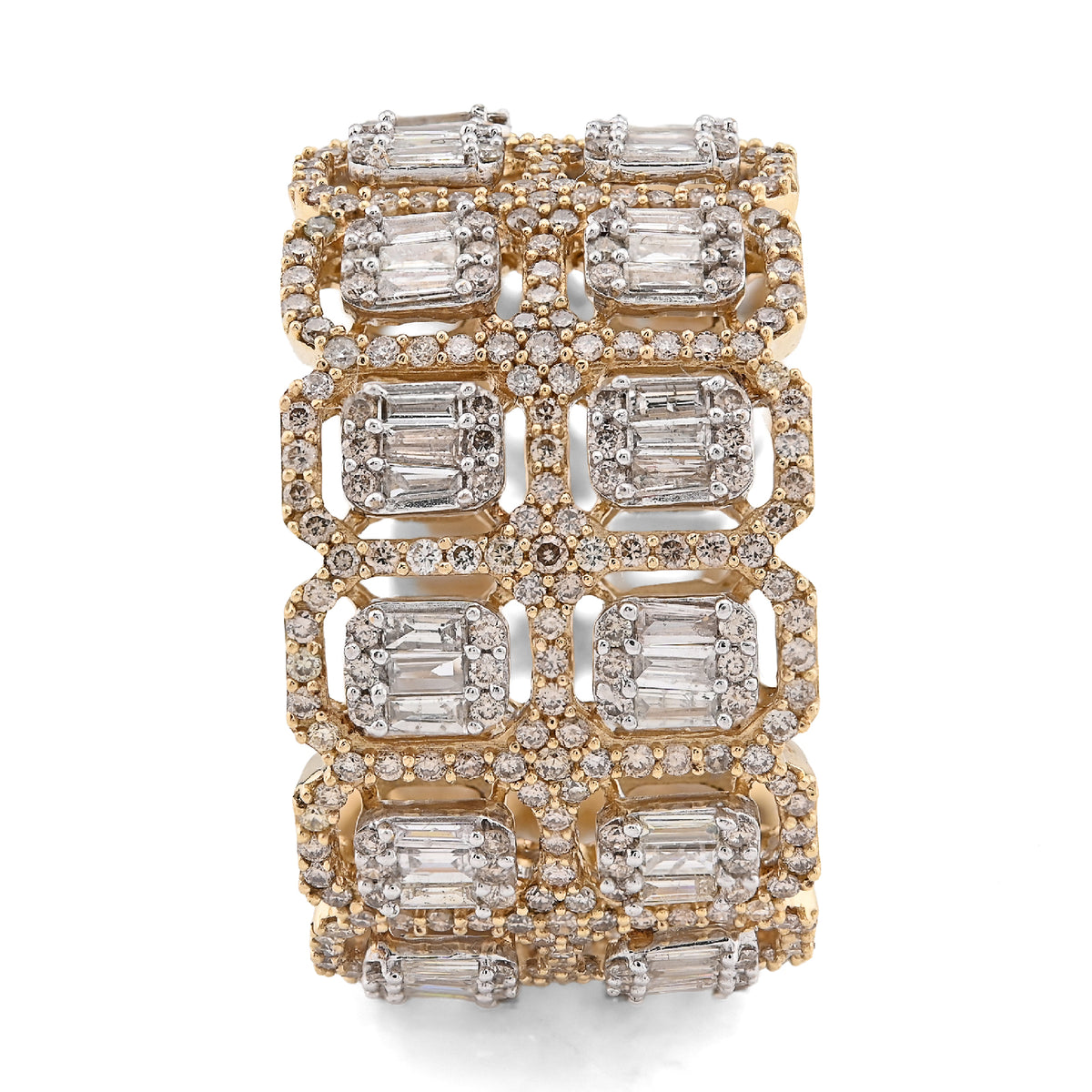 10K Yellow Gold 2 Row Round/Baguette 7CT Natural Diamond All Iced Men Ring — view 2