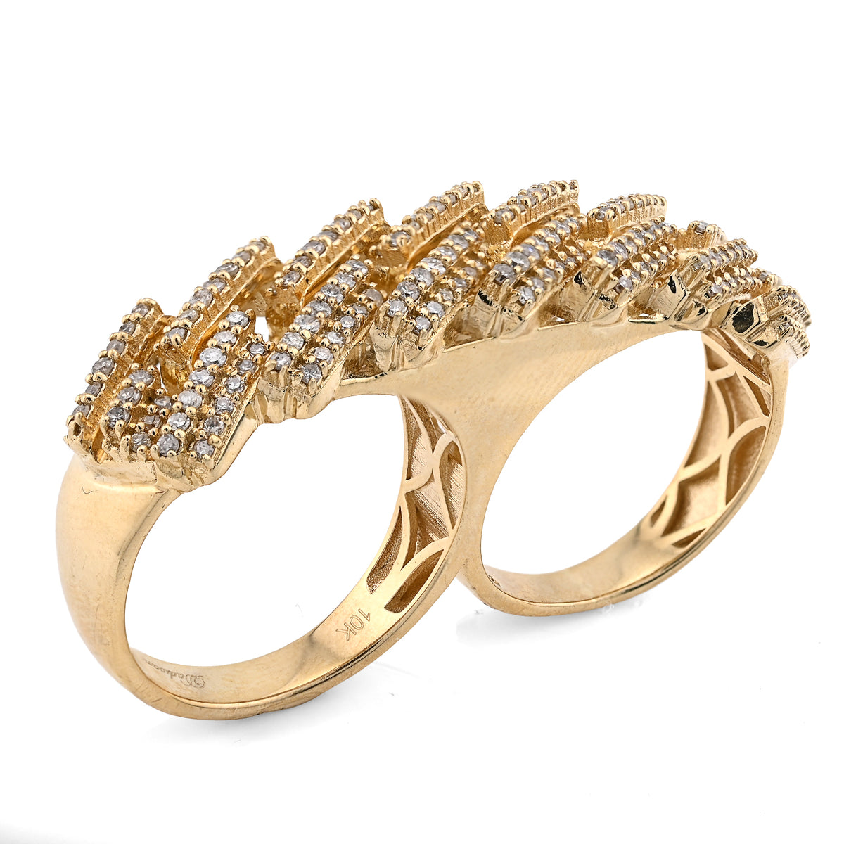 10K Yellow Gold Cuban Link 2 Finger 3CT Natural Diamond Men Ring — view 3