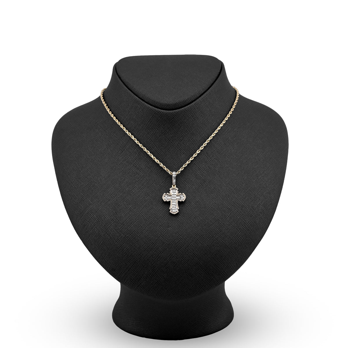 10K Yellow Gold Round & baguettes 0.43 CT natural Diamond Cross Charm 33.3 MM — view 2