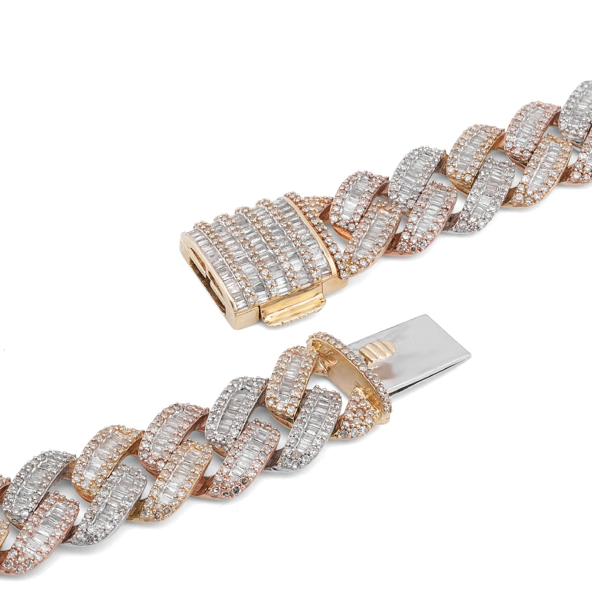10K 3-Tone Yellow/White/Rose Gold 26CT Natural Diamond Round/Baguette 13MM Chain Men 22" Necklace — view 4