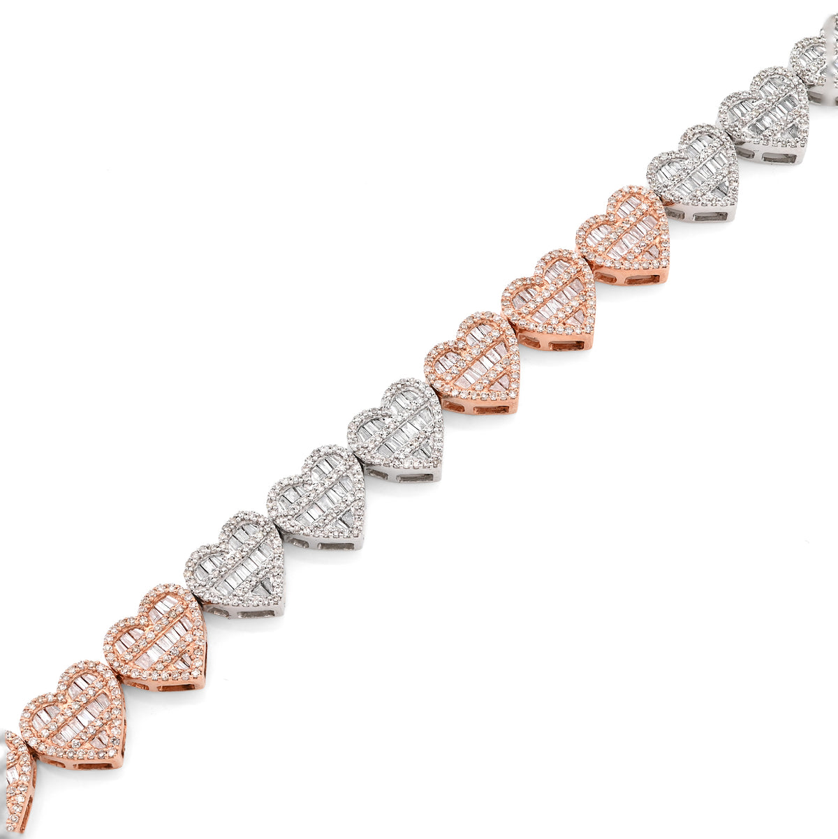 10K Rose & White Gold 2 Tone 2.72CT Round/Baguette Natural Diamond 7.5MM Tennis Heart Bracelet 7" 14.8g — view 2