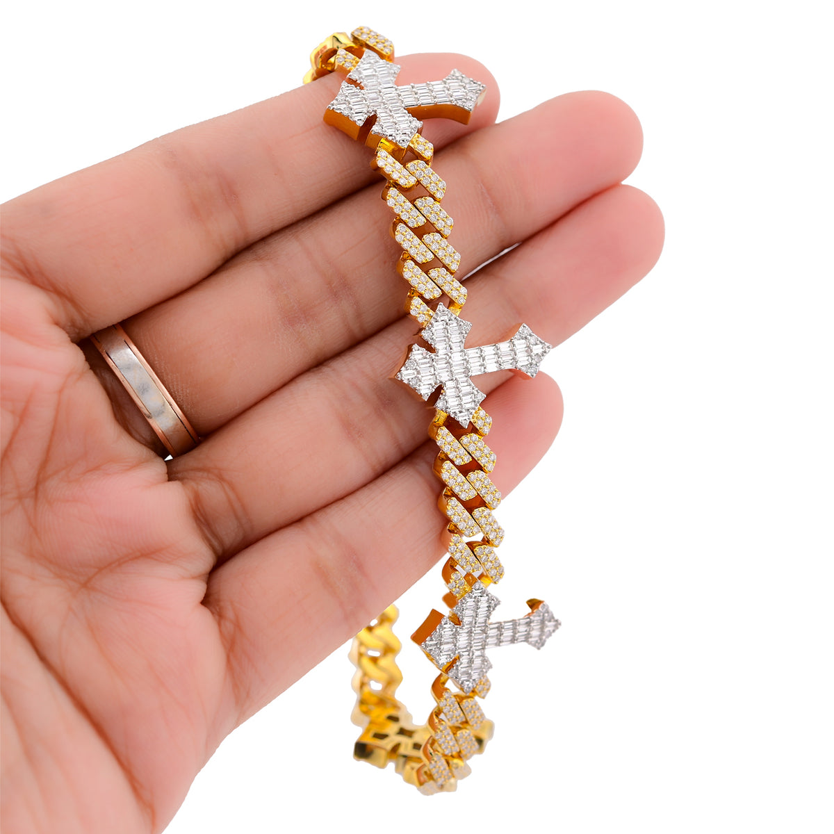 Prong Set Cuban Cross Link Natural Diamond Baguette/Round 5.49CT 10K Gold Bracelet 8" — view 9