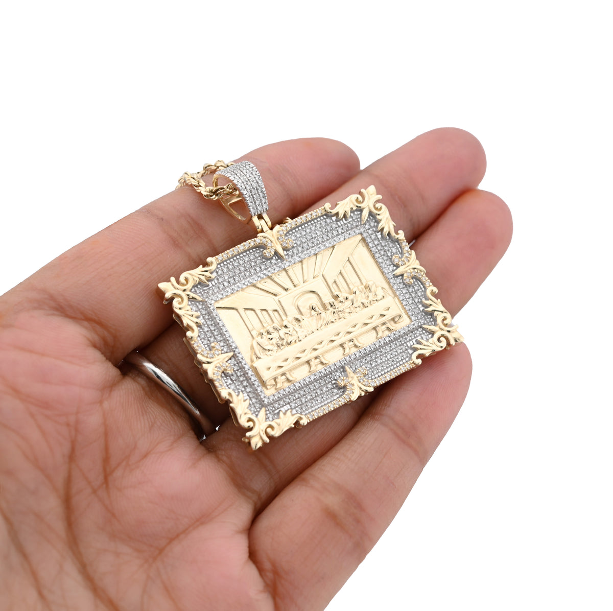 10K Yellow Gold 0.80 CT natural Diamond Last Supper Pendant Rectangular Men Women Charm 41.6 MM 14.7g — view 5
