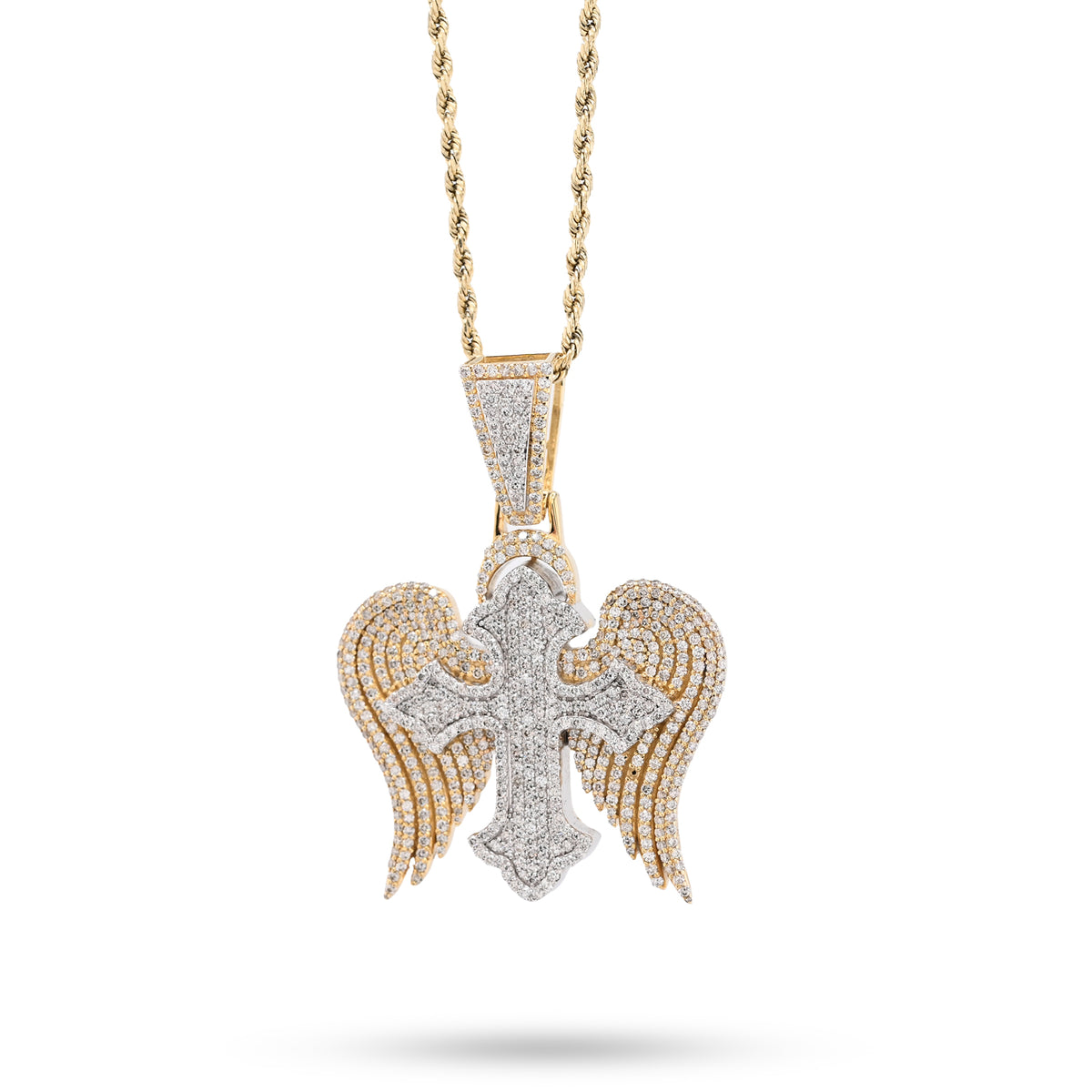 10K Yellow & WHite Gold 2 Tone 4.3CT Natural Diamond 3D angelic wing Cross 2.25" Men Women Charm — view 6