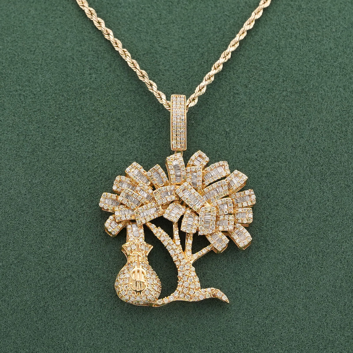 10K Yellow Gold Money Tree/ Money Bag Charm 3CT Round/Baguette Natural Diamond Charm — view 3