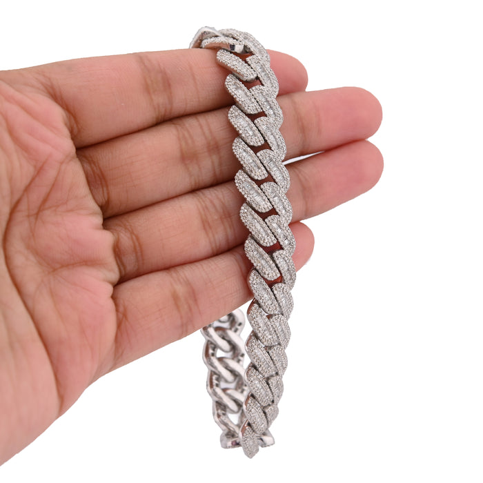 925 SS 9.63CT Natural Diamond Round/Baguette 12MM 8" Cuban Link Men Bracelet 46.5g — view 1