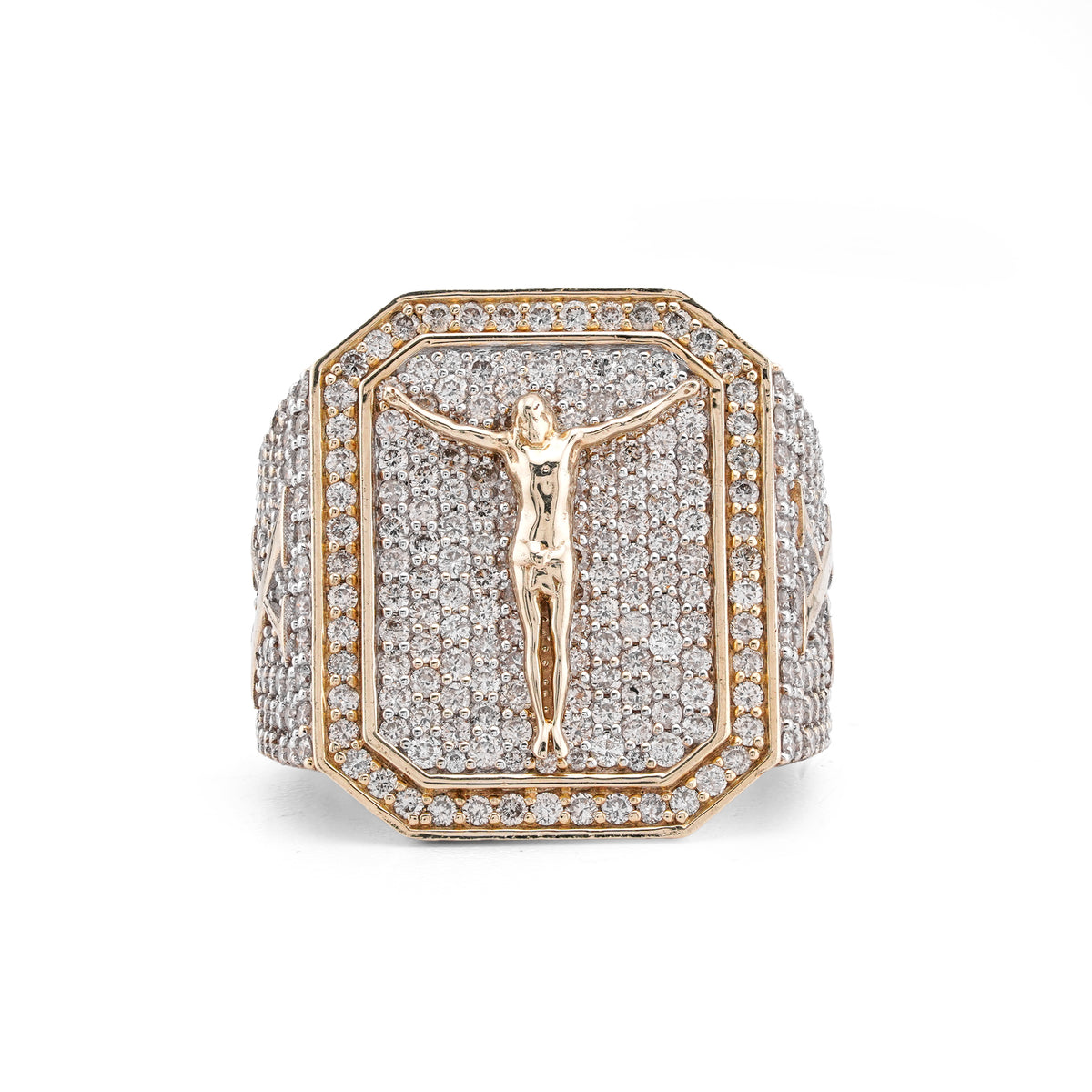 10K Yellow Gold Octagon Shape 3.95CT Natural Diamond Hanging Jesus Men Pinky Ring — view 1