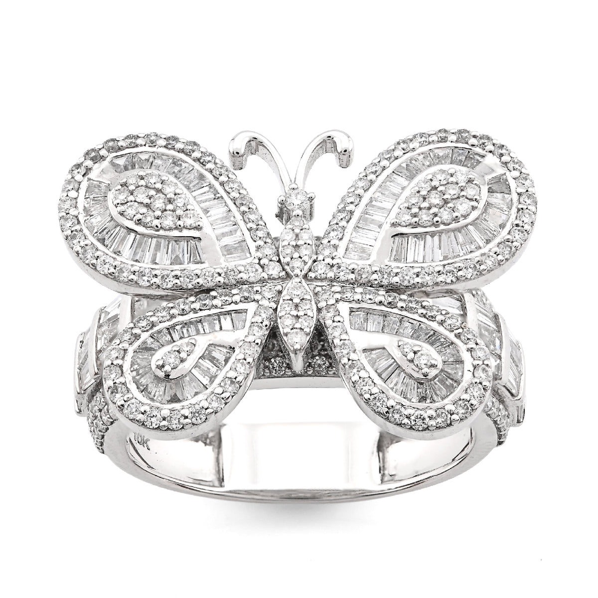 10K White Gold 1.80CT Natural Diamond Round/Baguette Butterfly Women Band 8.2g Ring — view 7