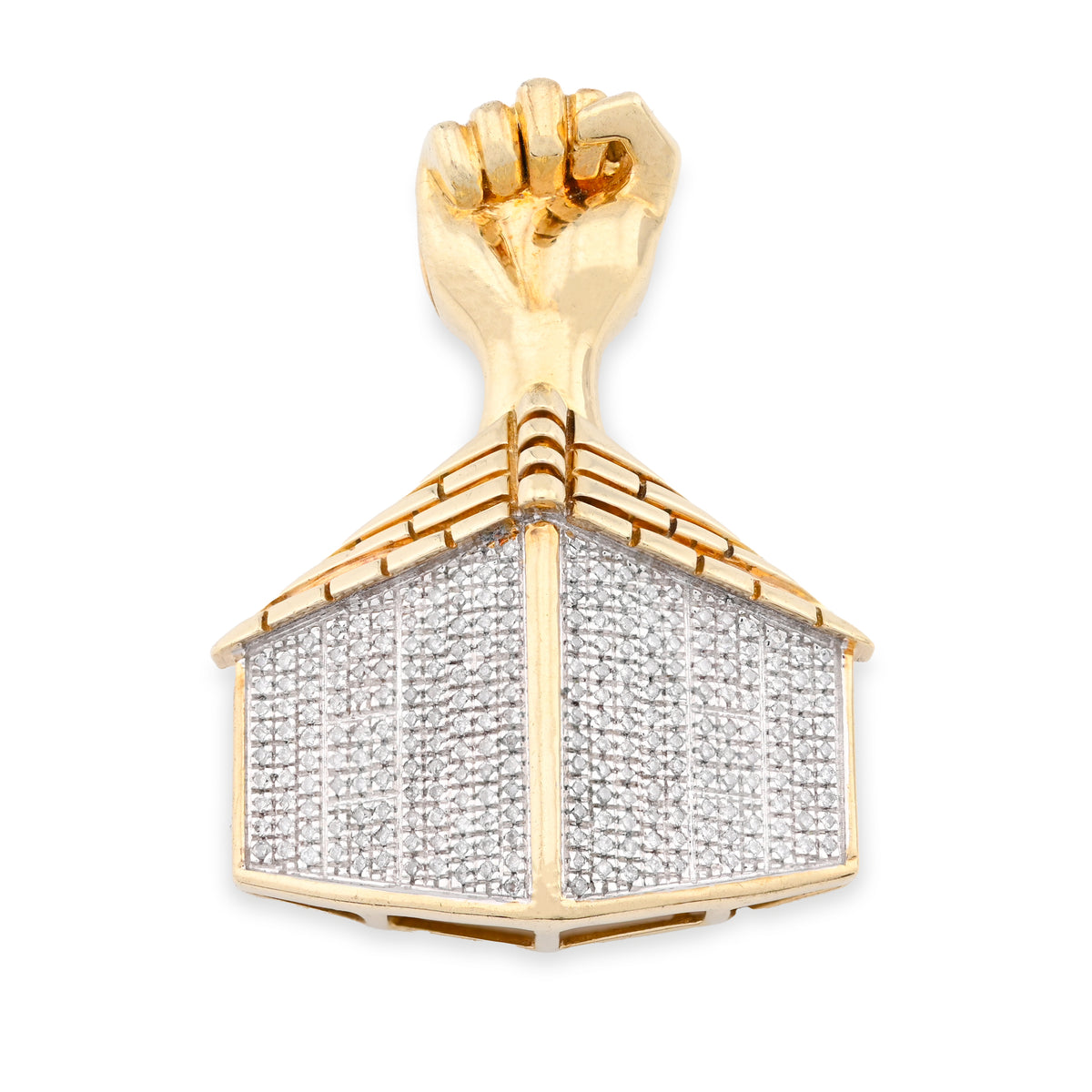 10K Yellow Gold House Shape Pendant Close Fist 1.10CT Natural Diamond Men Women Charm — view 1