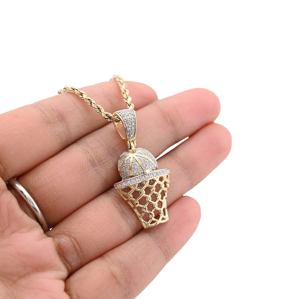10K Yellow Gold 0.20 CT Natural Diamond Basketball & Net Charm 34.4 MM Men Pendant — view 6