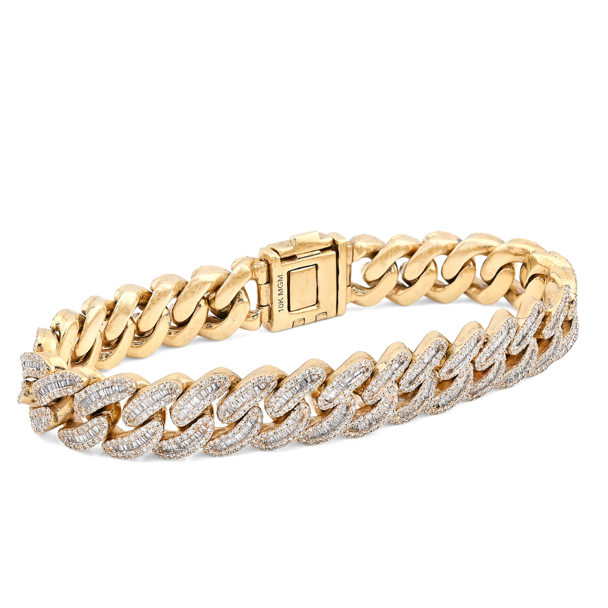 10K yellow Gold 8CT Natural Diamond Round/Baguette 11.5MM Cuban Link Bracelet 8" Men 70.2g  — view 1