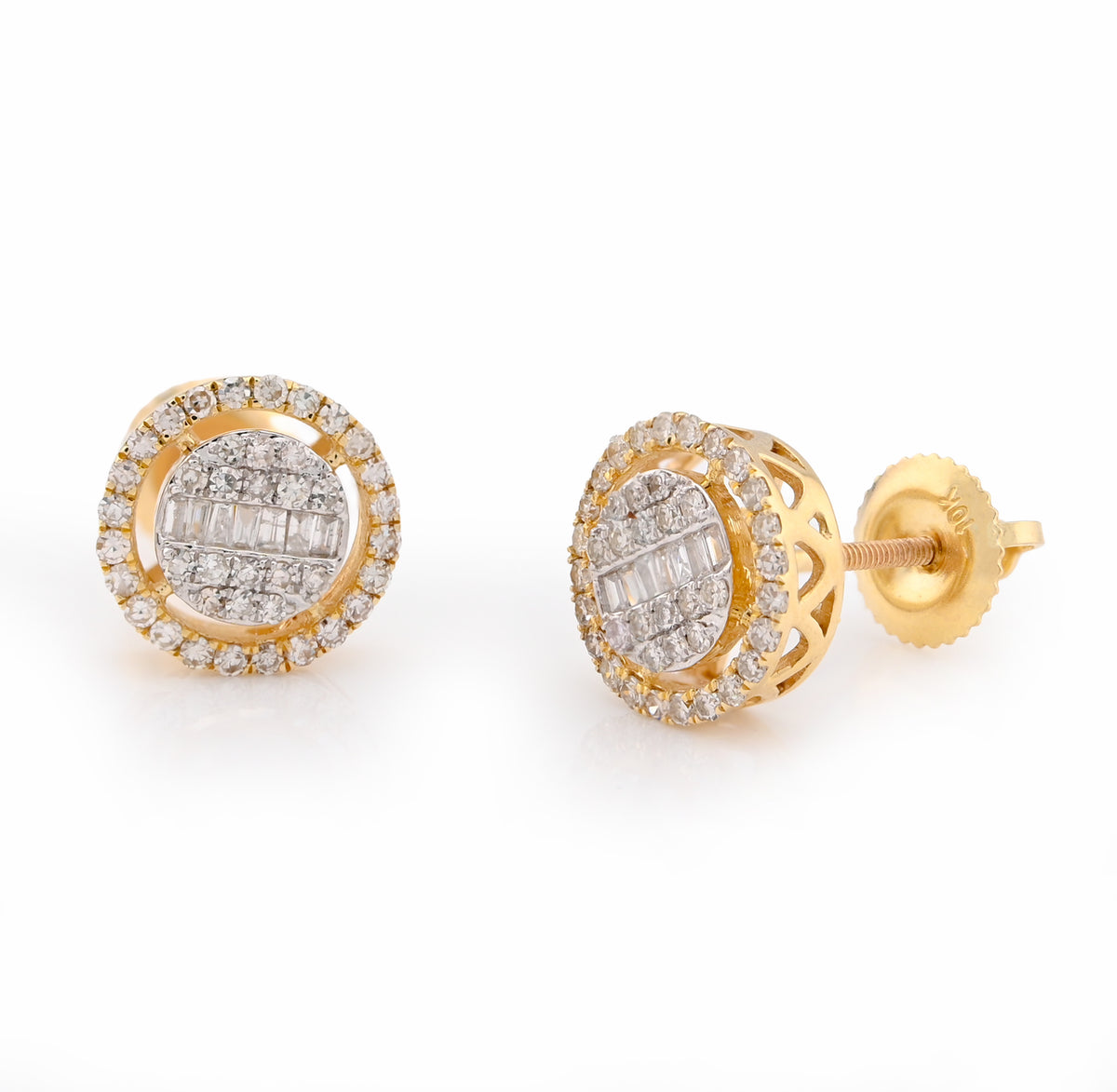 10K Yellow Gold 0.50CT Round/Baguette Natural Diamond Round Halo Shape Studs Men Women Earrings — view 3