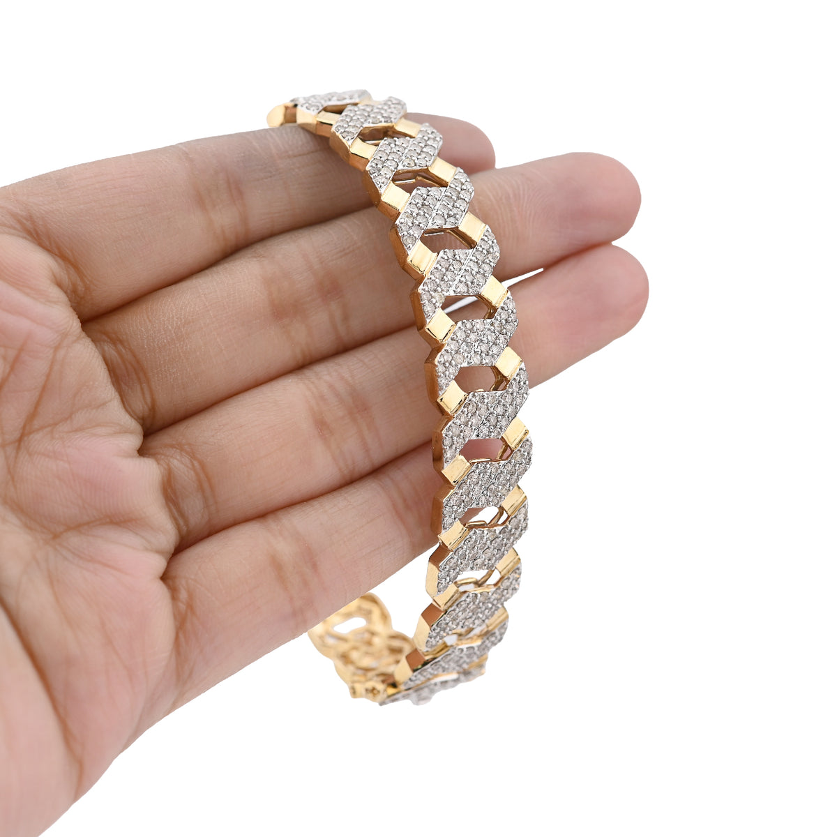 10K Yellow Gold 3.5CT Natural Diamond 2 Row Cuban Link Bangle Men 13MM Bracelet — view 5