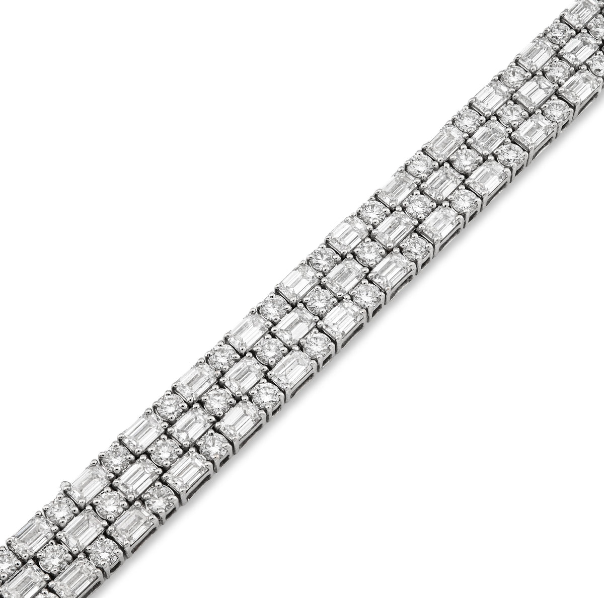 14K White Gold 11.25CT Lab Diamond Three Row Round/Baguette 6.5MM Men Women 7.25" Tennis Bracelet — view 1