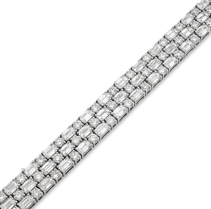 14K White Gold 11.25CT Lab Diamond Three Row Round/Baguette 6.5MM Men Women 7.25" Tennis Bracelet — view 1
